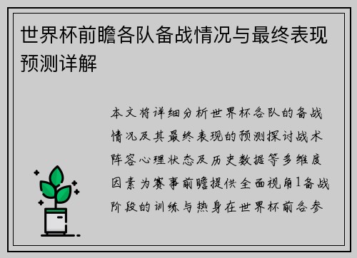 世界杯前瞻各队备战情况与最终表现预测详解
