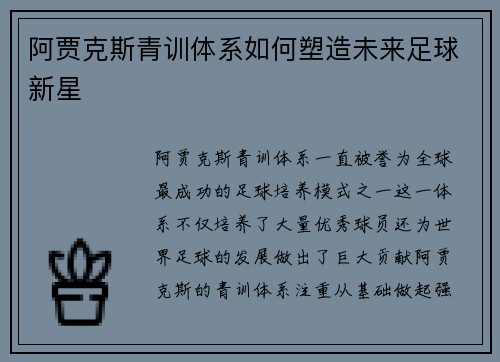 阿贾克斯青训体系如何塑造未来足球新星