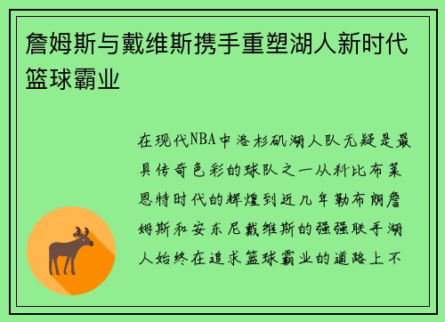 詹姆斯与戴维斯携手重塑湖人新时代篮球霸业